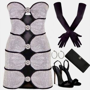 Luxury Black Embellished Cutout Strapless Cocktail Party Mini Dress